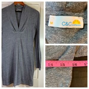 C&C California Heather Gray Long‎ Sleeve Deep V Mini Dress M Boho Loungewear